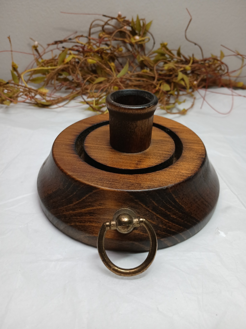Vermont Wood Taper Candle Holder Brass Ring Accent Brown Made In Vermont USA EUC